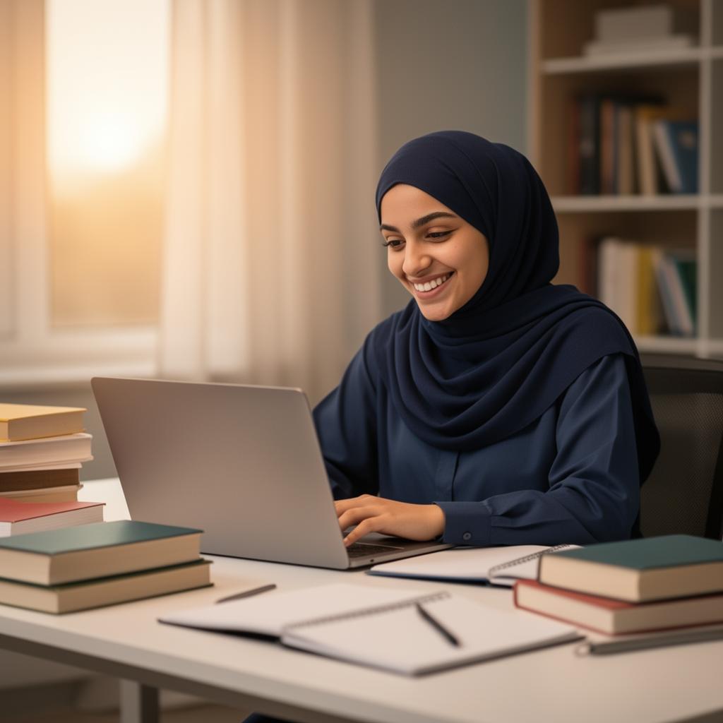 طالبة تستخدم الحاسوب للدراسة