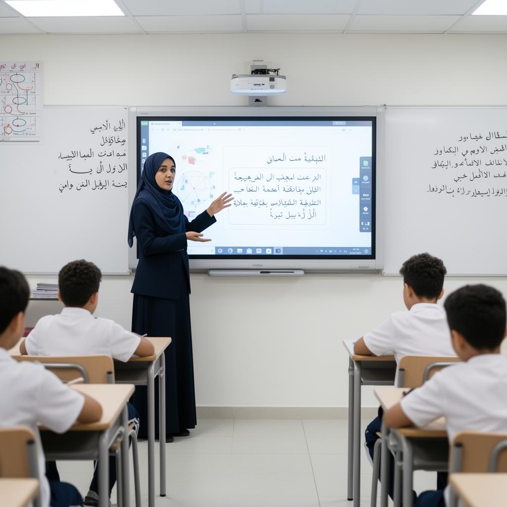 معلمة تشرح على السبورة الذكية